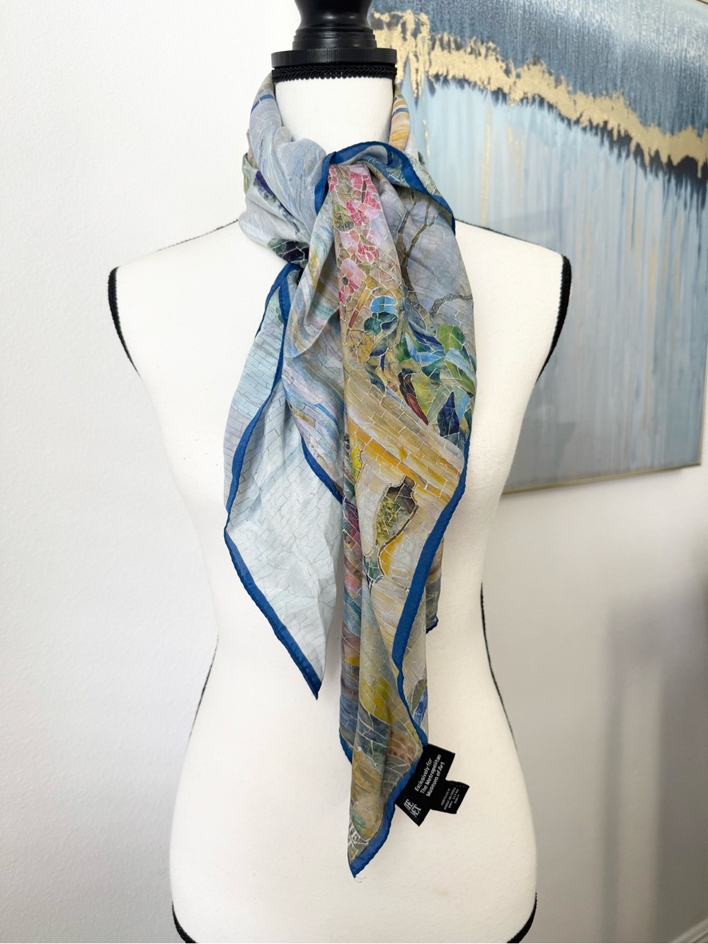 Metropolitan Museum of Art (The Met) 100% Silk Landscape Artwork Scarf Blue Yell